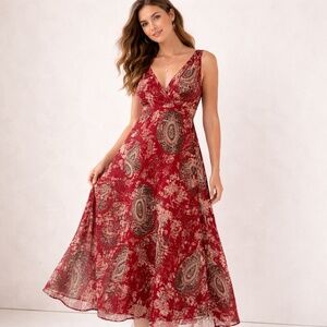 Nordstrom  Emma James Y2K Maxi Empire Waist Dress Red Floral Chiffon Lined Sz 16